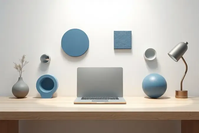 Render 3D conceitual de espaço de trabalho moderno com notebook sem marca e formas geométricas abstratas flutuantes representando escolha e análise.