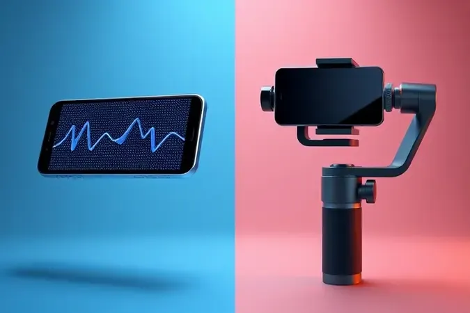 Comparação conceitual 3D entre estabilização digital por software e estabilizador mecânico gimbal físico para smartphones.