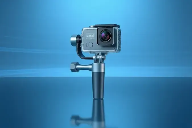 Render 3D de câmera de ação sem marca em estabilizador gimbal com trilhas de movimento, ilustrando estabilização de imagem.