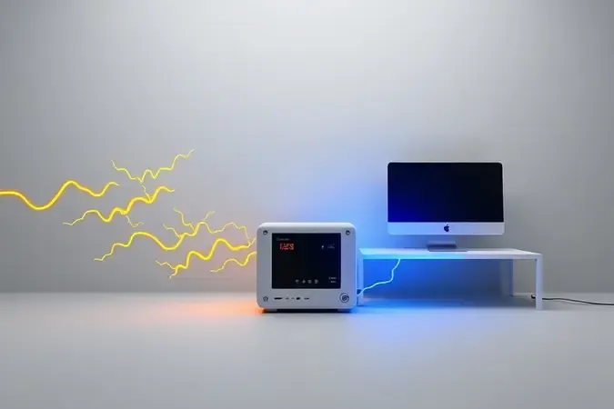 Ilustração 3D conceitual mostrando um estabilizador protegendo um computador contra oscilações de energia elétrica com ondas de corrente