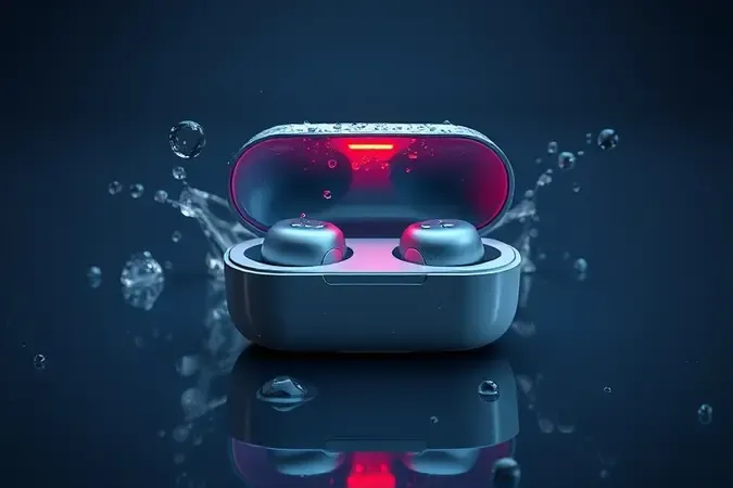 Estojo de recarga de fone Bluetooth com gotas de água e alerta visual sobre risco de exposição à água em 3D.