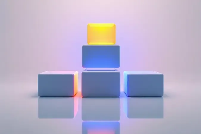 Representação 3D conceitual da regra de backup 3-2-1 com três volumes abstratos em formação piramidal, simbolizando proteção de dados.