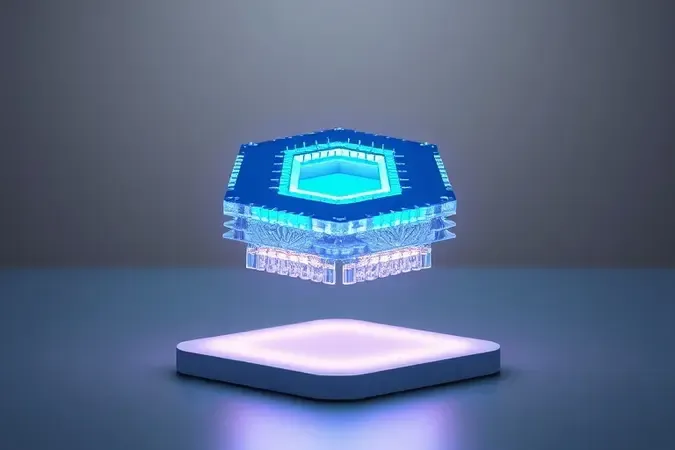 Ilustração 3D conceitual da estrutura cristalina de nitreto de gálio com chip semicondutor flutuante representando eficiência energética.