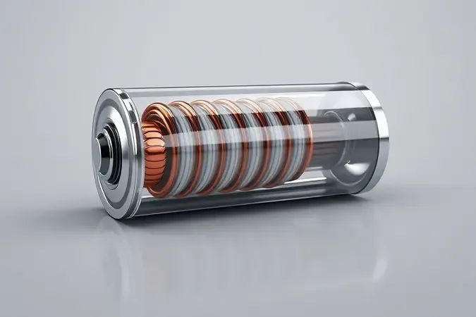 Render 3D conceitual mostrando estrutura interna de uma pilha recarregável com camadas de eletrodos metálicos visíveis em corte transversal.