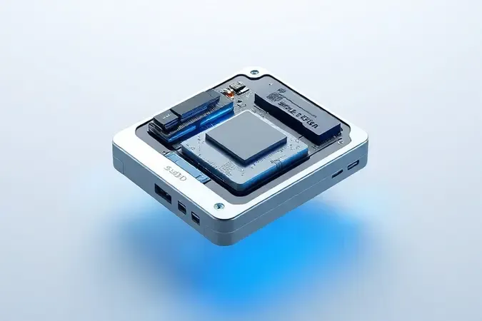 Renderização 3D conceitual de SSD externo em vista explodida mostrando componentes internos como placa de circuito e chips de memória flash.