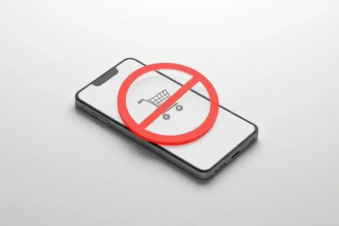 Renderização 3D conceitual de smartphone com símbolo de carrinho bloqueado representando prevenção de compras acidentais em apps.