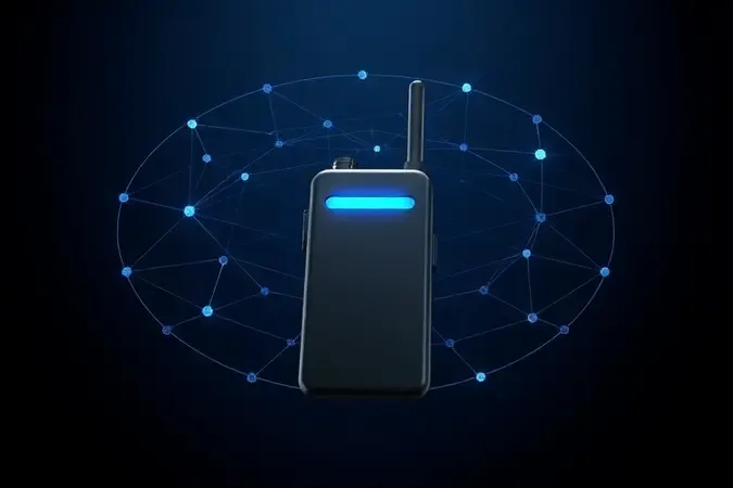 Render 3D futurista de rádio comunicador com design minimalista e rede mesh digital representando evolução tecnológica.