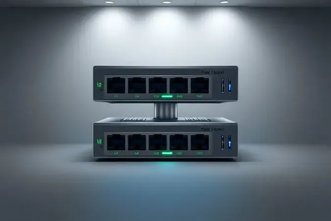Renderização 3D conceitual de switches de rede em cascata com visualização de fluxo de dados em tons neutros e azulados