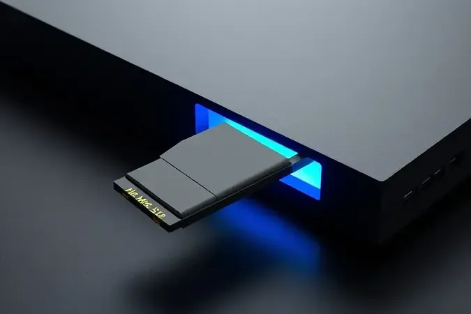 Render 3D conceitual de SSD M.2 NVMe para expansão de armazenamento de console de jogos