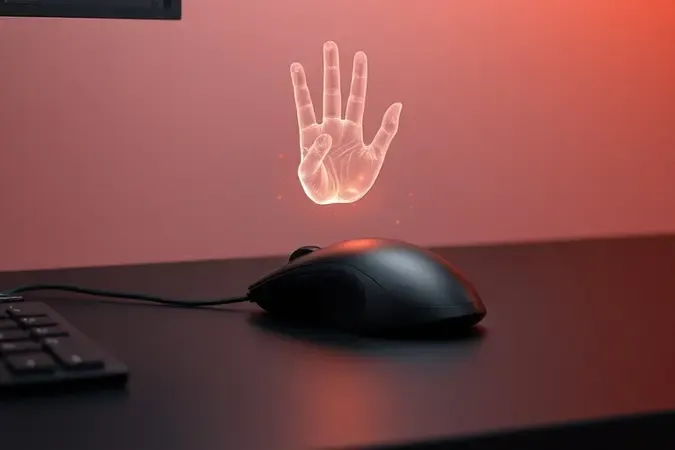 Cena conceitual 3D de mão translúcida pairando sobre mouse ergonômico conectados por partículas de luz em tons quentes.
