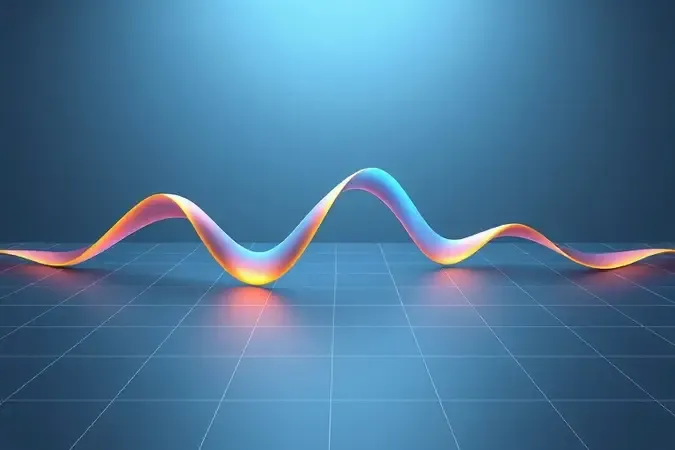 Render 3D conceitual de uma fita de forma de onda tridimensional translúcida representando resposta de frequência de áudio em superfície minimalista.