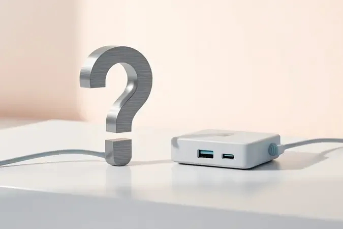 Composição 3D conceitual com hub USB-C e elemento abstrato representando dúvidas frequentes dos consumidores.