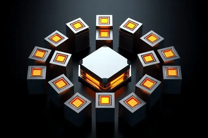 Render 3D conceitual de fases VRM representadas como cubos metálicos com núcleos dourados ao redor de dissipador térmico.