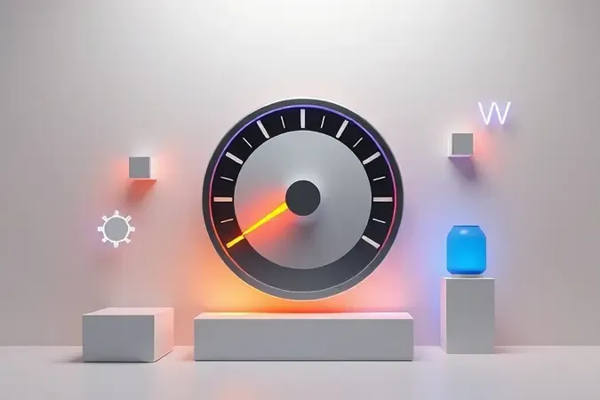 Representação abstrata de medição de potência elétrica com medidor e formas geométricas em renderização 3D.