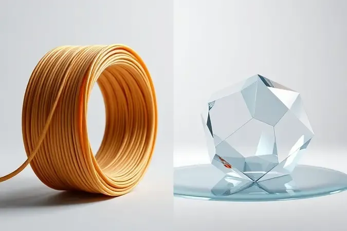 Comparação conceitual entre impressão 3D FDM com filamento e resina, mostrando formas geométricas com acabamentos contrastantes.