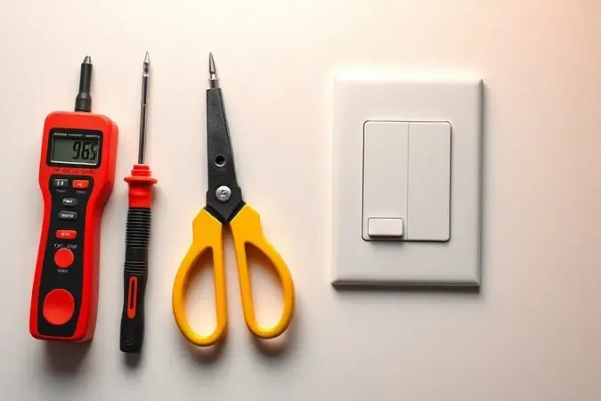 Ferramentas essenciais para instalação DIY de interruptor inteligente moderno em superfície limpa.