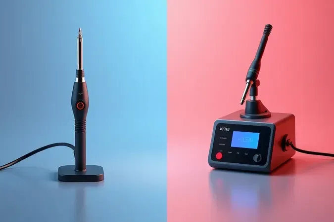 Comparação visual 3D entre ferro de solda portátil e estação de solda completa com base digital, destacando diferenças entre os equipamentos.