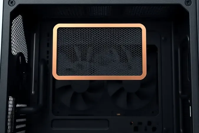 Render 3D close-up de painel frontal mesh com filtro de poeira removível de gabinete para PC.
