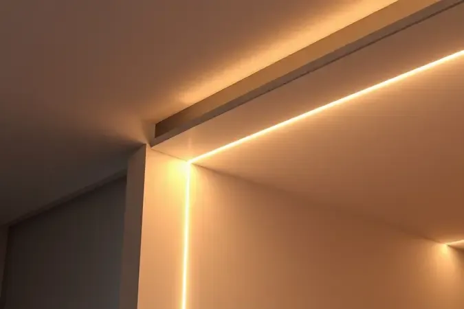 Fita de LED genérica emitindo luz ambiente quente ao longo de borda arquitetônica minimalista com gradientes suaves nas superfícies.