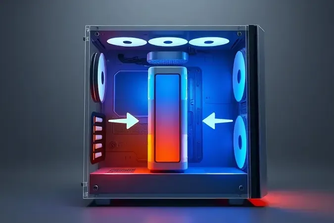 Render 3D conceitual do fluxo de ar em gabinete de computador com air cooler posicionado para ventilação ideal.