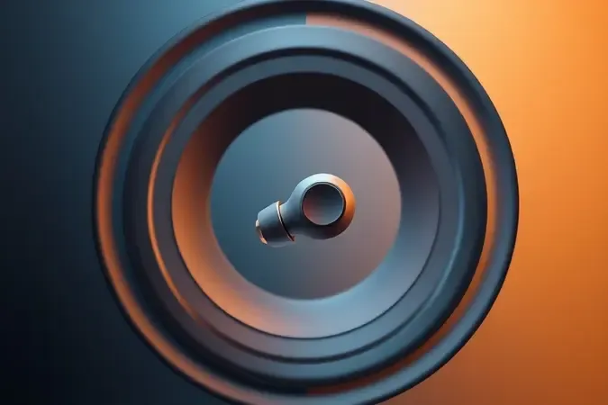 Renderização 3D conceitual de fone intra-auricular com ondas sonoras abstratas representando cancelamento de ruído e modo transparência.
