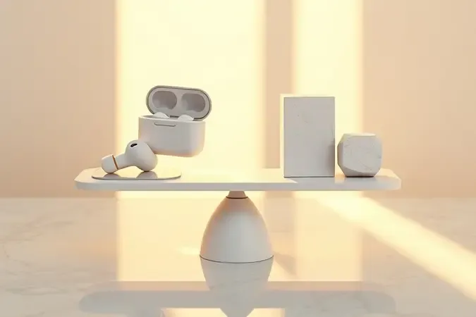 Renderização 3D conceitual de balança minimalista equilibrando fones Bluetooth e elementos representando custo-benefício.