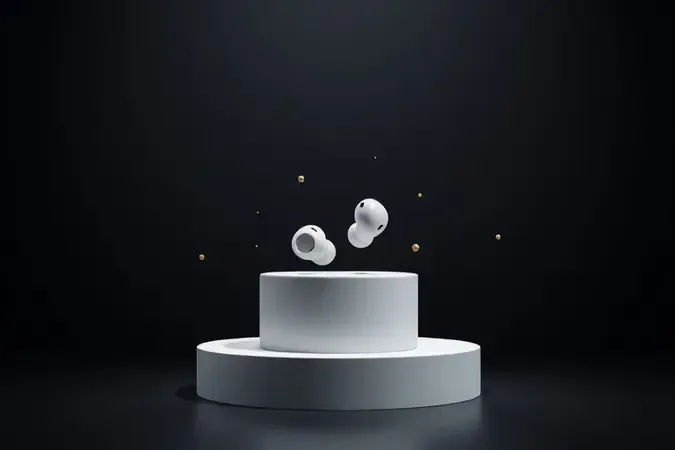 Render 3D de fone Bluetooth sem fio genérico em pedestal minimalista representando qualidade e valor