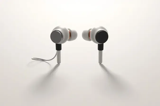 Composição 3D abstrata comparando conceitos de fone intra-auricular com fio e sem fio em superfície minimalista com iluminação suave.