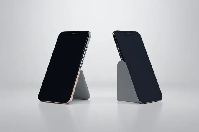 Render 3D comparando formato livro horizontal e formato concha vertical de celulares dobráveis lado a lado