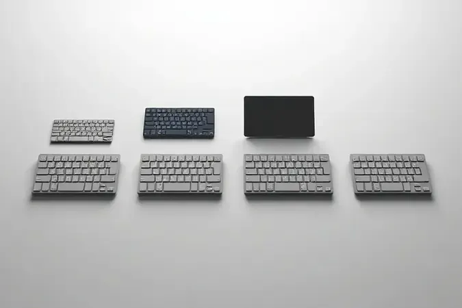 Render 3D conceitual comparando quatro formatos de teclados compactos em tamanhos progressivos com iluminação suave em gradiente