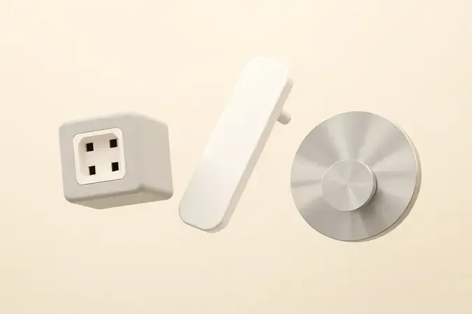 Três formatos diferentes de extensão de tomada em renderização 3D conceitual: cubo, barra linear e disco circular com acabamento neutro