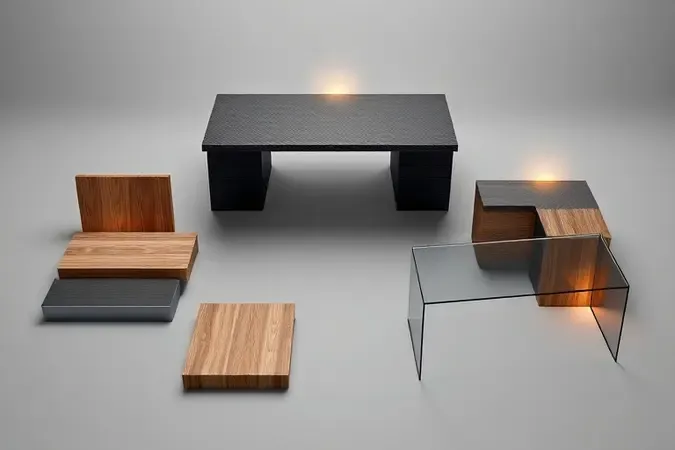 Render 3D conceitual de diferentes formatos de mesa gamer incluindo modelo em L com materiais como carbono e madeira.