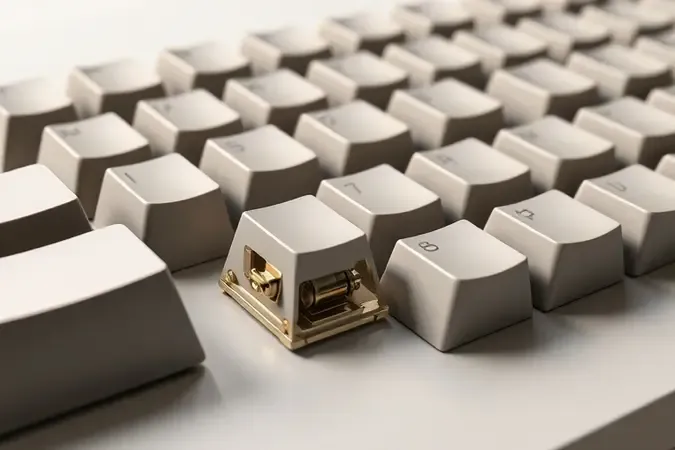 Close-up de keycaps mecânicos sem marca com diferentes perfis e corte transversal revelando mecanismo interno em render 3D.