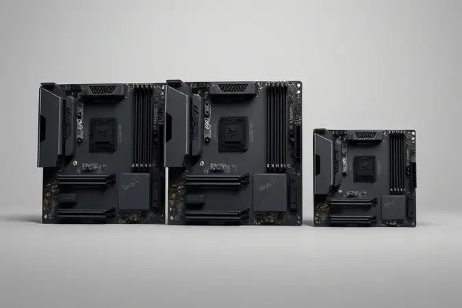 Comparação visual dos formatos ATX, micro-ATX e mini-ITX de placa-mãe em renderização 3D conceitual e minimalista.