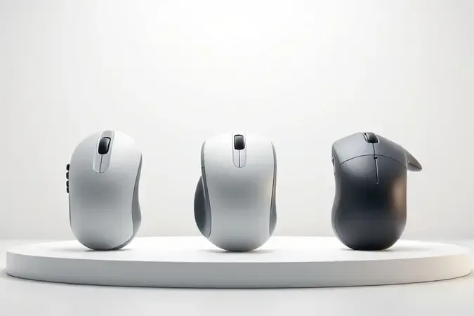 Três silhuetas distintas de mouses ergonômicos sem marca representando estilos de pegada palm, claw e fingertip sobre plataforma minimalista.
