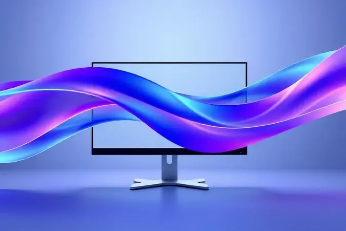 Renderização 3D abstrata representando fluidez e alta taxa de atualização com formas geométricas fluidas em azul e roxo.