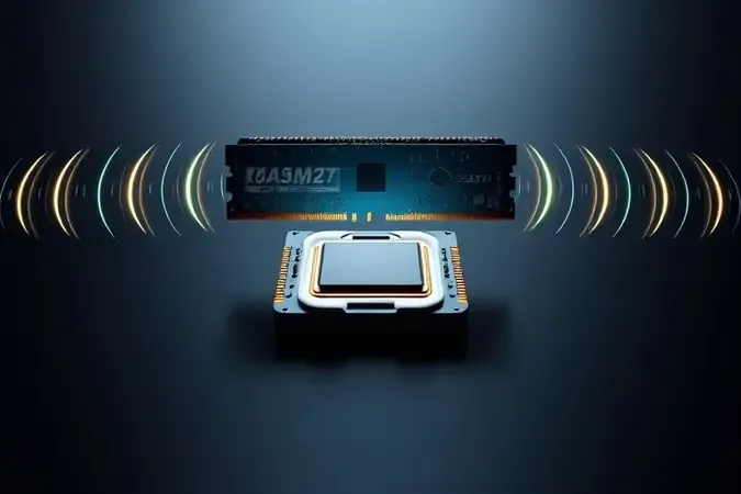 Ondas de frequência de memória RAM emanando em direção a um soquete de processador, ilustrando impacto da velocidade no desempenho Ryzen.
