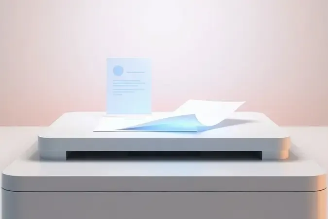 Render 3D conceitual de funcionalidades multifuncionais de impressora com superfície de scanner e documentos flutuantes abstratos.