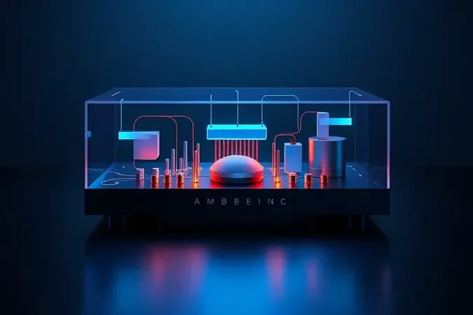Ilustração 3D do funcionamento de um amplificador de som ambiente com fluxo de sinal de áudio e componentes internos