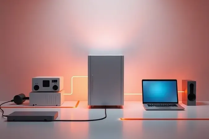 Renderização 3D conceitual mostrando funcionamento de bateria para nobreak alimentando dispositivos eletrônicos com design minimalista.