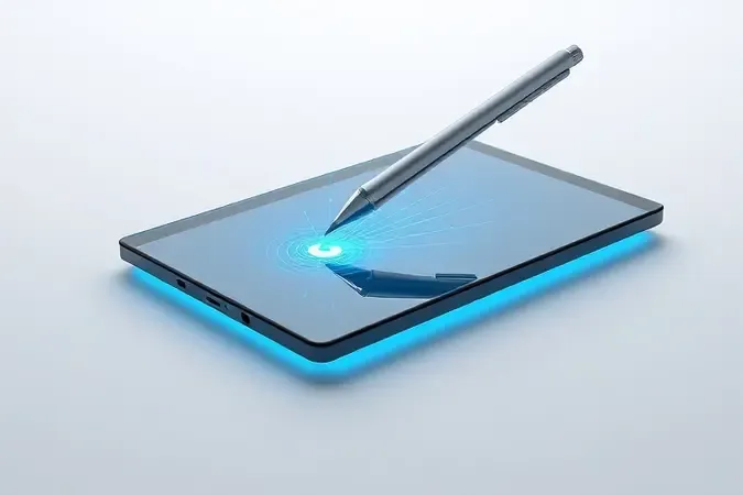 Renderização 3D conceitual mostrando funcionamento de caneta stylus com campos eletromagnéticos sobre tela de tablet