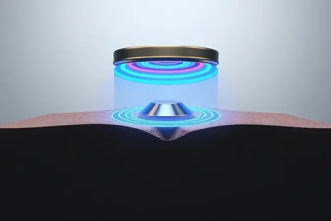 Diagrama conceitual em 3D mostrando ondas eletromagnéticas de detector de metais interagindo com objeto metálico no subsolo.
