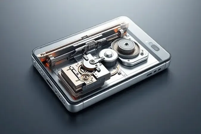 Render 3D detalhado mostrando mecanismo interno de dobradiça de celular dobrável em vista explodida conceitual