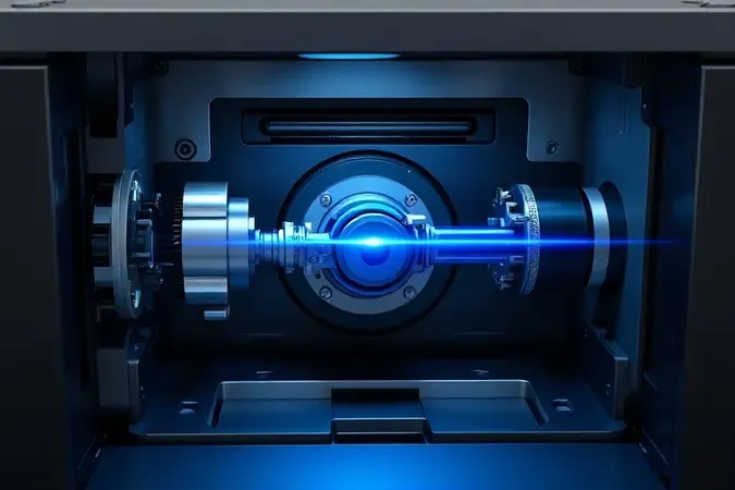 Ilustração conceitual 3D do funcionamento interno de uma impressora a laser com feixe de luz e tambor rotativo.