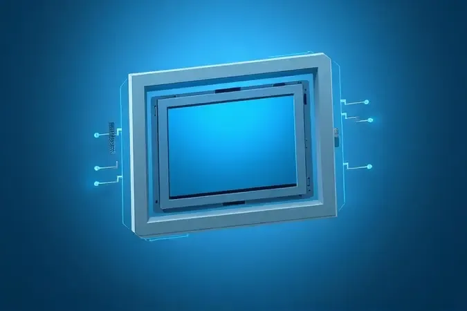 Visualização conceitual dos componentes internos de um porta-retrato digital em estilo técnico e moderno.