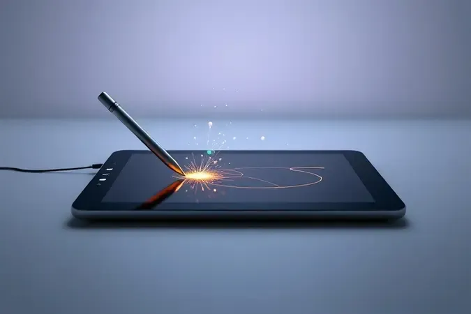 Ilustração 3D conceitual do funcionamento de mesa digitalizadora com stylus e linhas de conexão representando tradução digital do traço