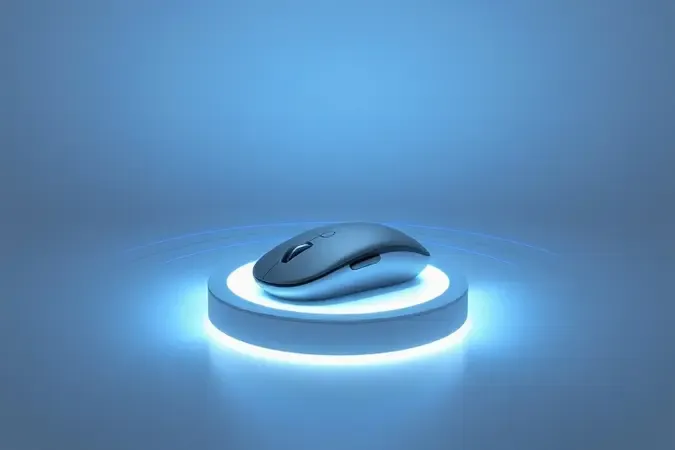Mouse sem fio flutuando com ondas abstratas luminosas simbolizando conectividade sem cabo em renderização 3D.