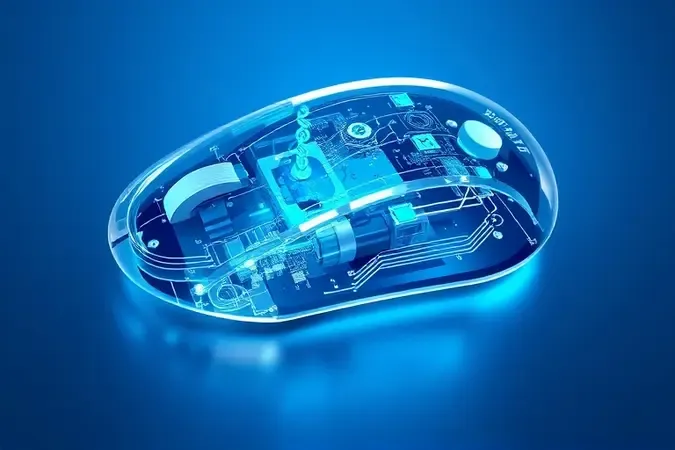 Renderização 3D conceitual mostrando a tecnologia interna de um mouse sem fio com circuitos e ondas de rádio abstratas.