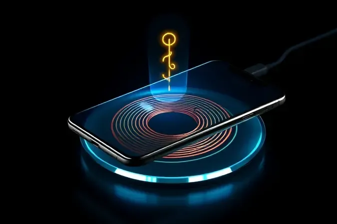 Ilustração 3D em corte transversal mostrando bobinas de cobre alinhadas e ondas eletromagnéticas entre carregador Qi e smartphone.