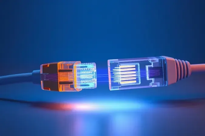 Ilustração 3D conceitual mostrando o funcionamento de testadores de cabos RJ45 com trajetos de sinal luminosos.
